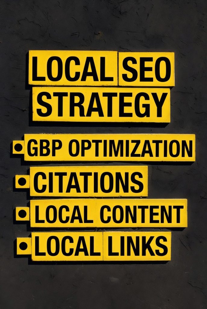 Local SEO Strategy image: slate background that has a yellow block that says "Local SEO Strategy" in black text, as well as: GMB optimization, citations, local content, local links.